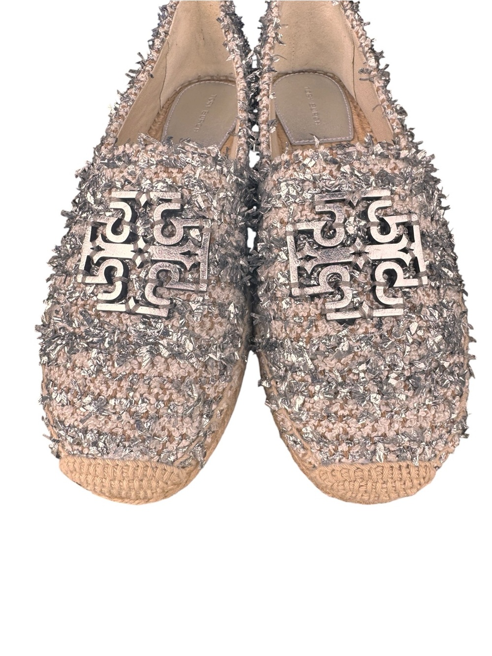 Tory Burch Cream and Silver Tweed Espadrilles with Logo, NWOT